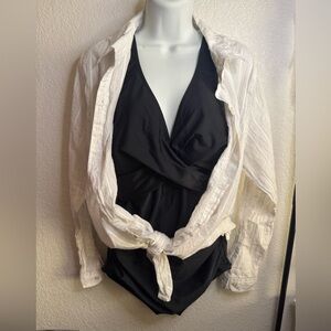 Lauren Ralph Lauren cream w gold stripe paired with black swim set